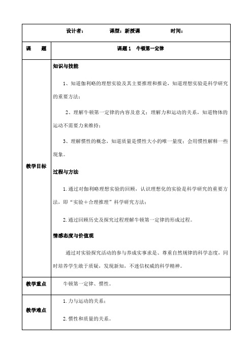 人教版高一物理必修一教案：4.1 牛顿第一定律