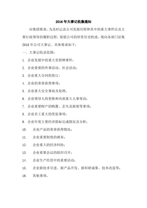 2016年大事记收集通知