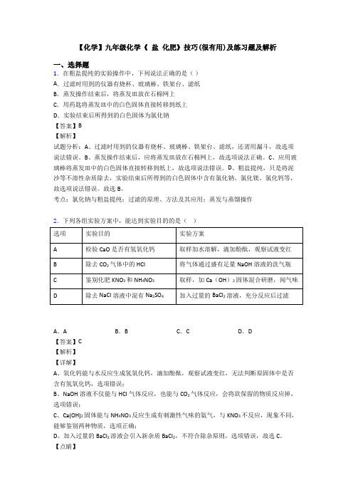 【化学】九年级化学《 盐 化肥》技巧(很有用)及练习题及解析