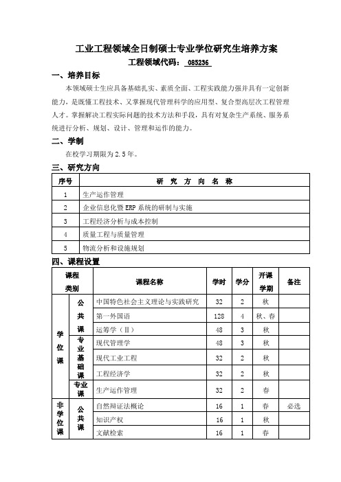 工业工程领域全日制硕士专业学位研究生培养方案
