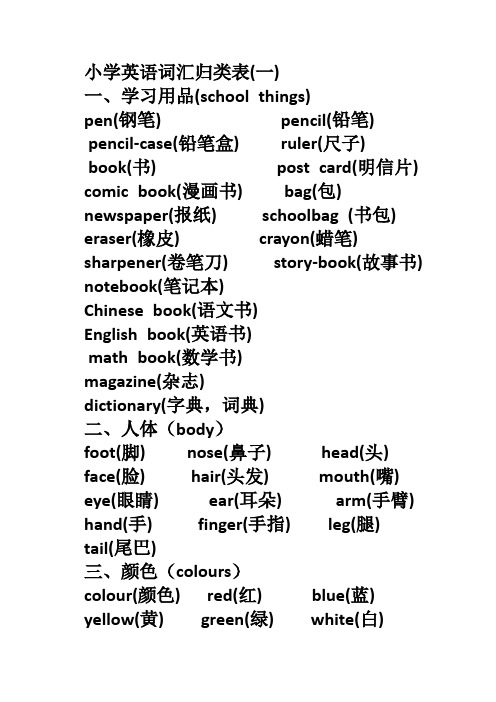 外研版小学英语词汇归类表
