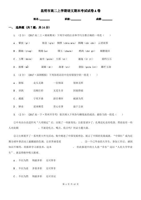 昆明市高二上学期语文期末考试试卷A卷(考试)