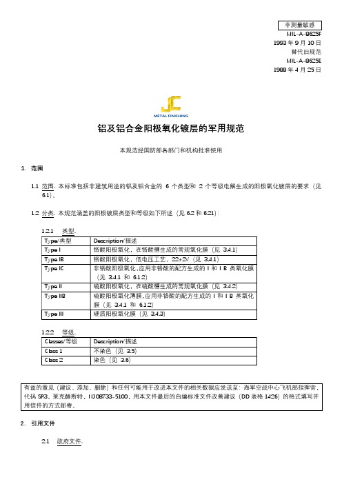 MIL-A-8625F_铝及铝合金阳极氧化膜层的军用标准-中文版