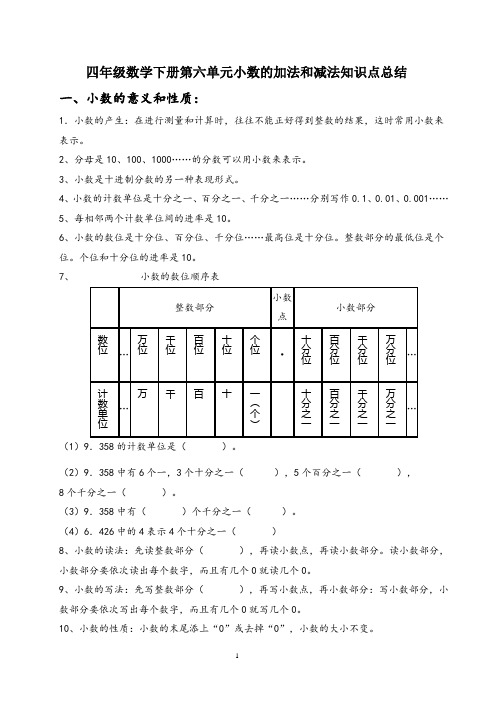 四年级数学下册第六单元小数的加法和减法知识点总结