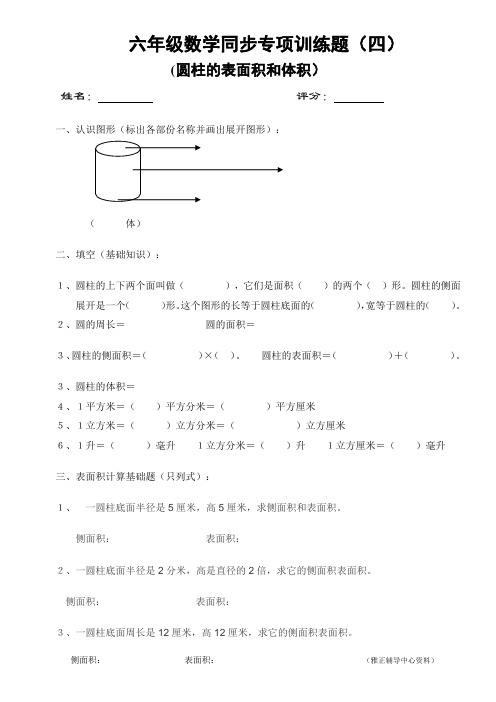 六年级数学圆柱的表面积和体积同步专项训练题