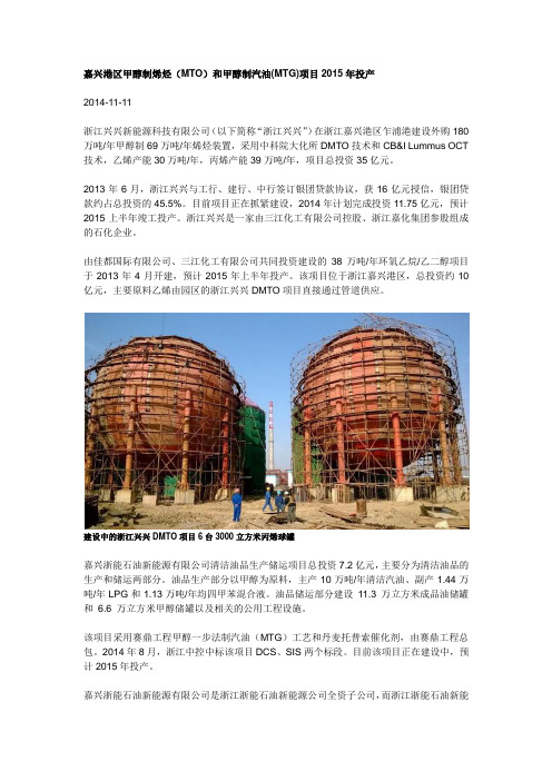 嘉兴港区甲醇制烯烃(MTO)和甲醇制汽油(MTG)项目2015年投产