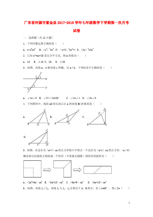 广东省河源市紫金县2017-2018学年七年级数学下学期第一次月考试卷(含解析)
