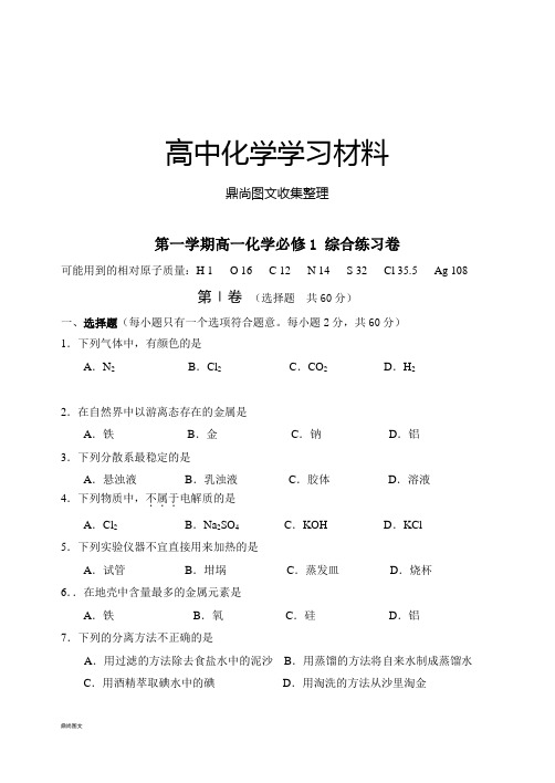 人教版高中化学必修一第一学期高一化学必修1 综合练习卷.docx