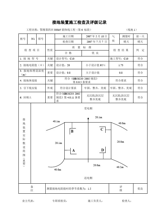 接地装置施工检查及评级记录