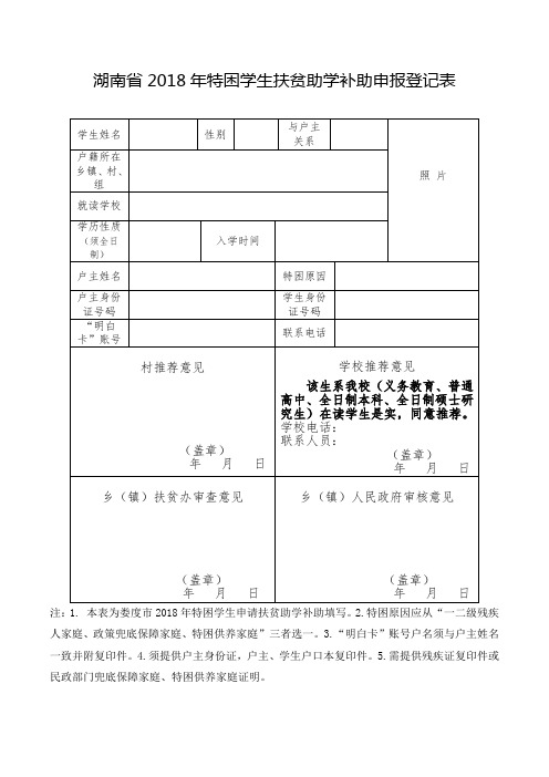 湖南省2018年特困学生扶贫助学补助申报登记表