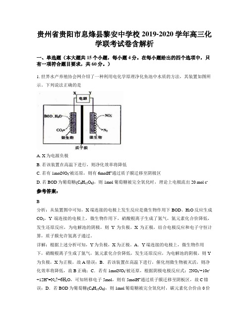 贵州省贵阳市息烽县黎安中学校2019-2020学年高三化学联考试卷含解析