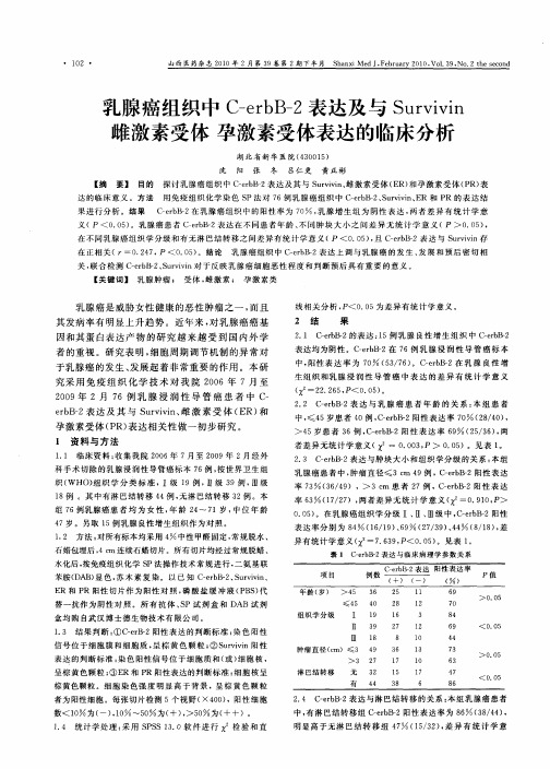 乳腺癌组织中C-erbB-2表达及与Survivin雌激素受体 孕激素受体表达的临床分析