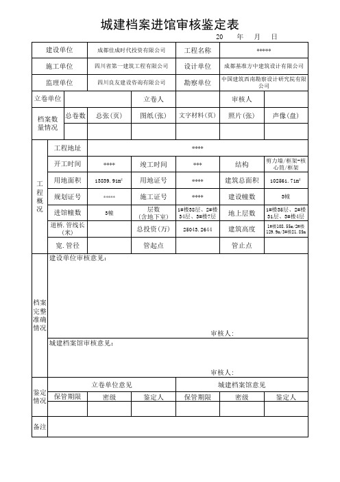 城建档案进馆审核鉴定表(成都市)