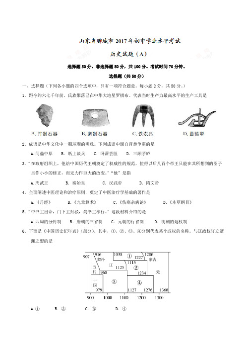 山东省聊城市2017年初中学业水平考试历史试题(精校word,含答案)
