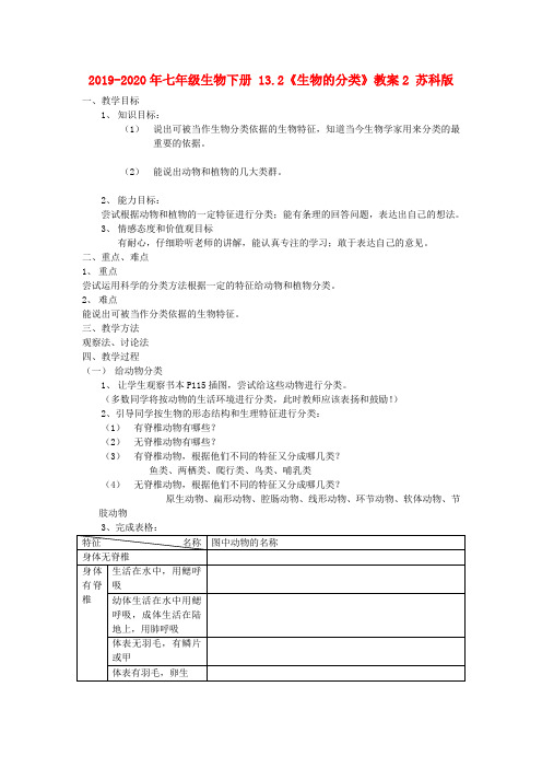 2019-2020年七年级生物下册 13.2《生物的分类》教案2 苏科版