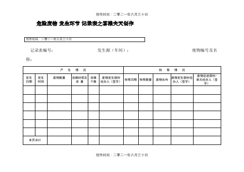 危险废物 产生环节 记录表