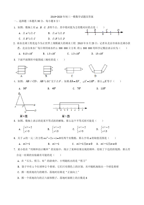 2019-2020年初三一模数学试题及答案