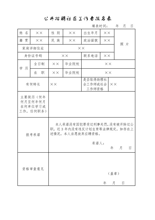 公开招聘社区工作者报名表【模板】