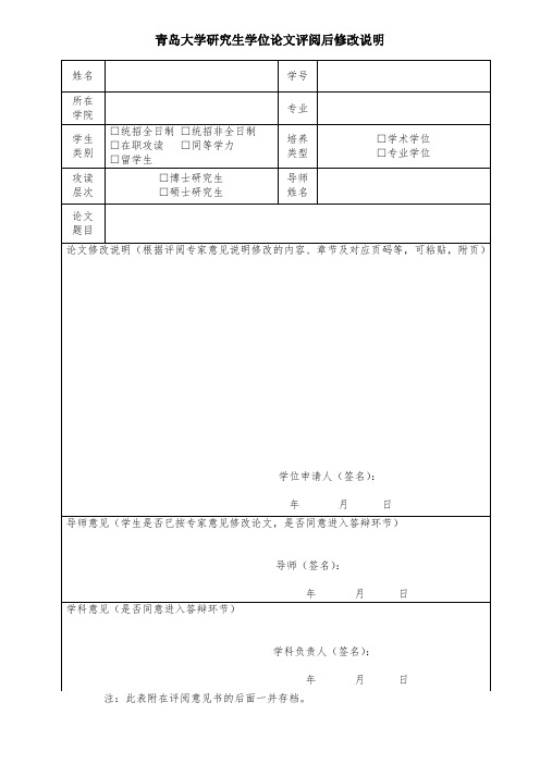 青岛大学研究生学位论文评阅后修改说明