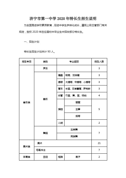 济宁市第一中学2020年特长生招生说明
