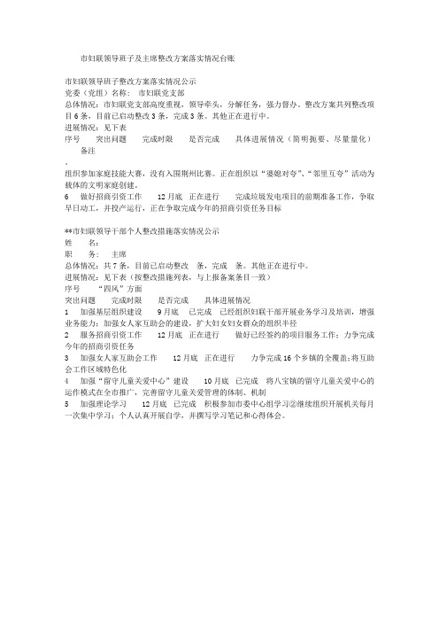 市妇联领导班子及主席整改方案落实情况台账