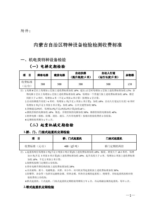 内蒙古自治区特种设备检验检测收费标准