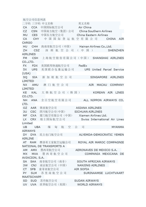 航空公司列表城市三字代码