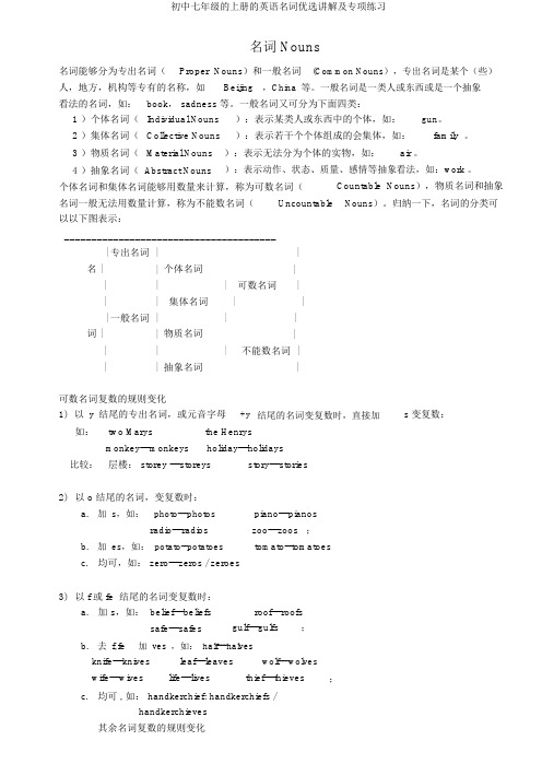 初中七年级的上册的英语名词优选讲解及专项练习