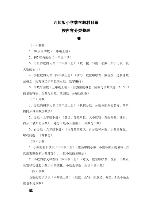 西师版小学数学教材目录(按内容分类整理)