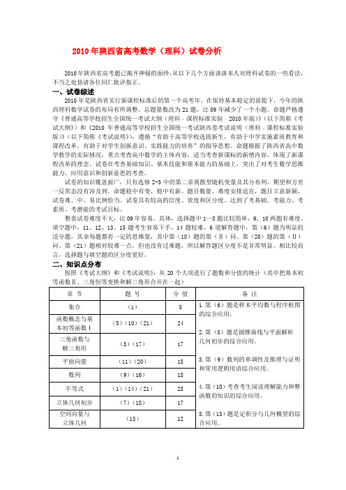 陕西省2010年高考数学论文(理科)试卷分析北师大版