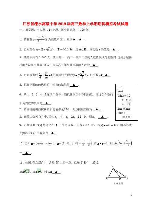 江苏省溧水高级中学高三数学上学期期初模拟考试试题
