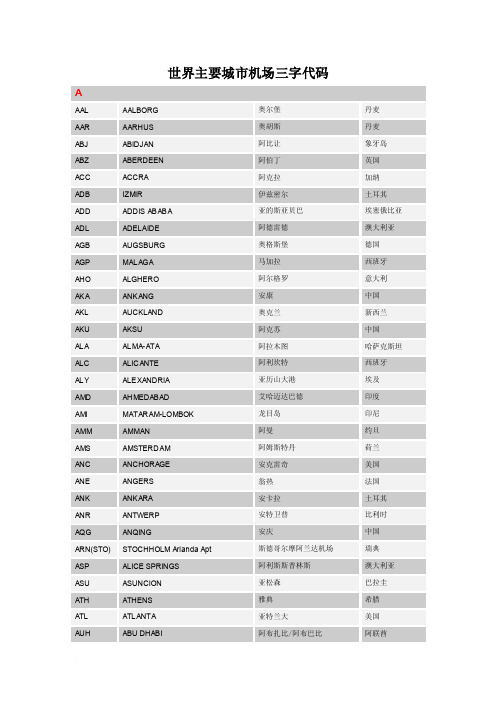 世界主要机场三字代码表