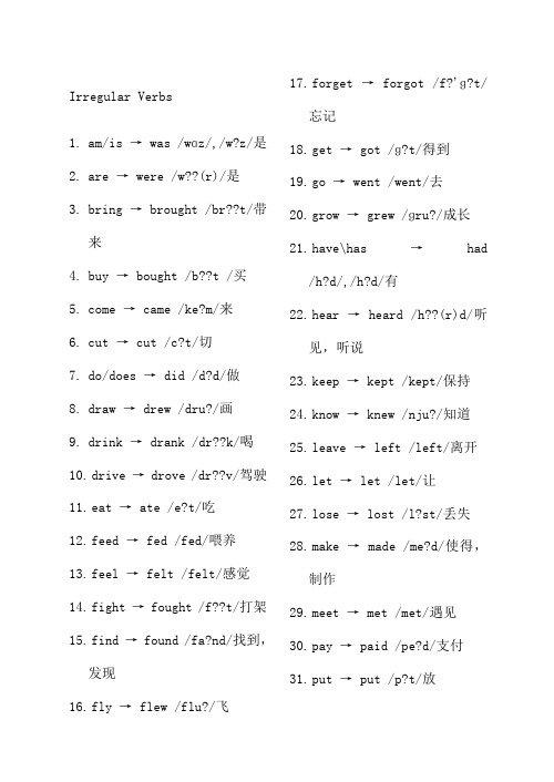 七年级英语下册不规则动词表原形过去式-音标-中文标注