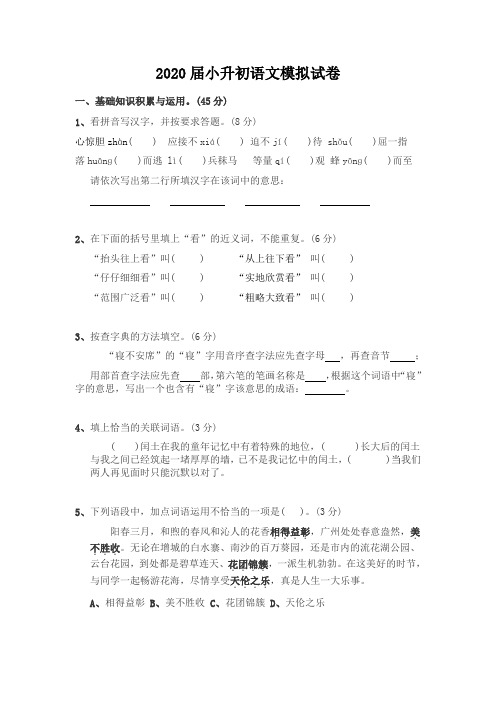 2020届小升初语文模拟试卷01(含答案)