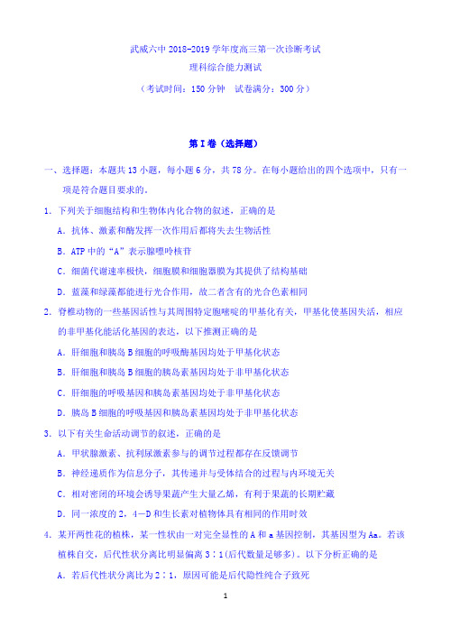 甘肃省武威市第六中学2019届高三下学期第一次诊断考试考试理科综合试题 Word版含答案