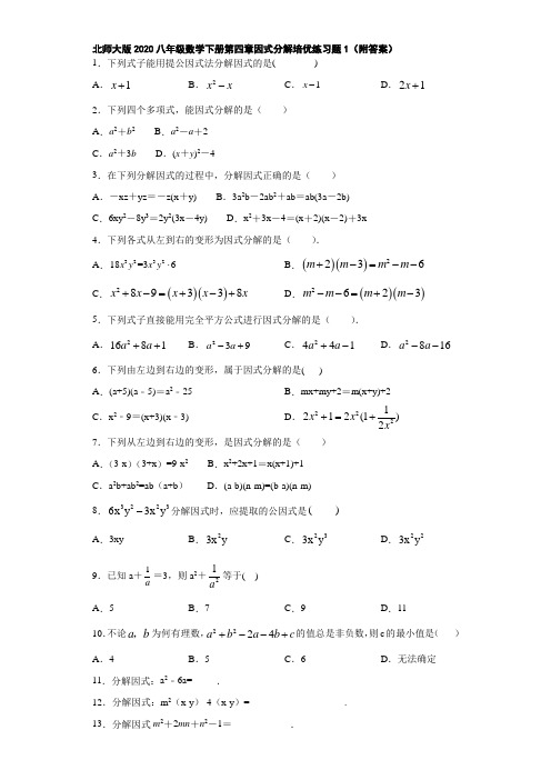 北师大版2020八年级数学下册第四章因式分解培优练习题1(附答案)