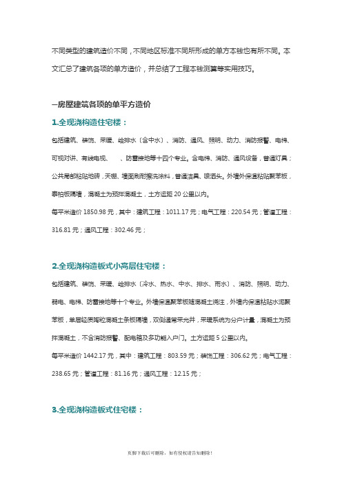 单平造价及含量数据大全
