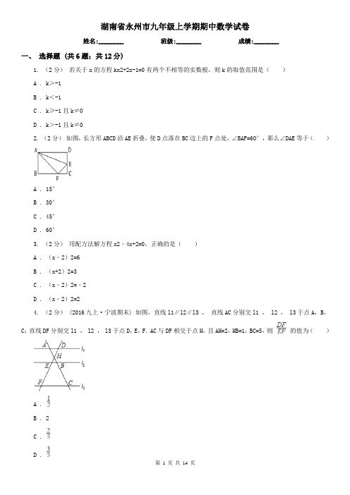 湖南省永州市九年级上学期期中数学试卷