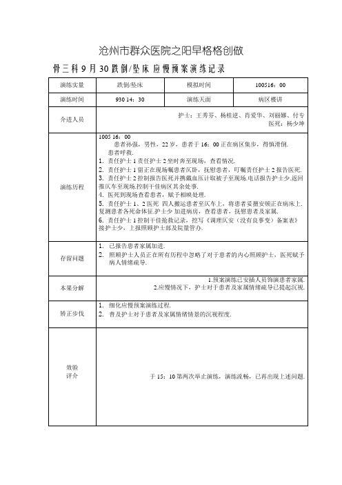 跌倒坠床应急预案演练记录