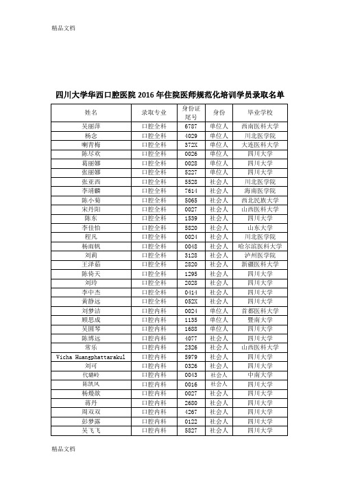 最新四川大学华西口腔医院住院医师规范化培