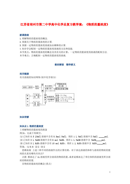 江苏省邳州市第二中学高中化学总复习 《物质的量浓度
