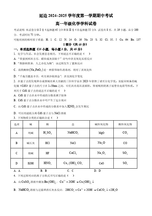 吉林省延边2024-2025学年高一上学期11月期中质量检测 化学试题(含答案)