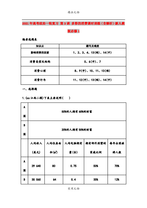 2021年高考政治一轮复习 第3课 多彩的消费课时训练(含解析)新人教版必修1