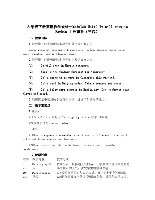 六年级下册英语教学设计-Module2 Unit2 It will snow in Harbin ｜