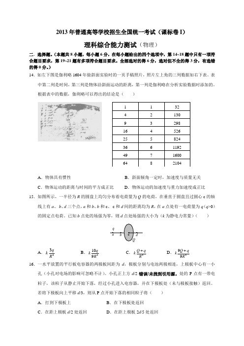 2013年全国高考理综(物理部分) - I卷