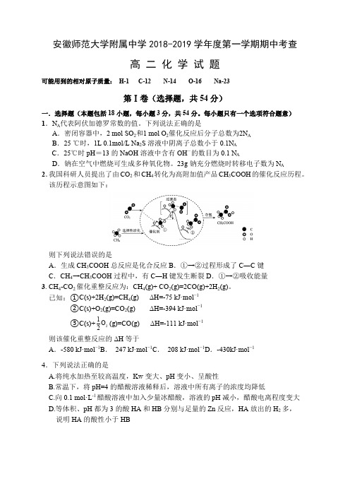 安徽师大附中2018-2019学年高二上学期期中考试化学试卷 word