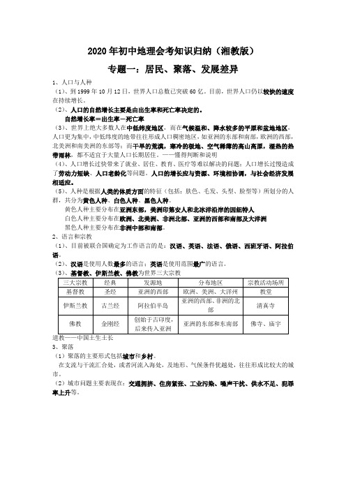 2020年初中地理会考复习专题之居民、聚落、发展差异