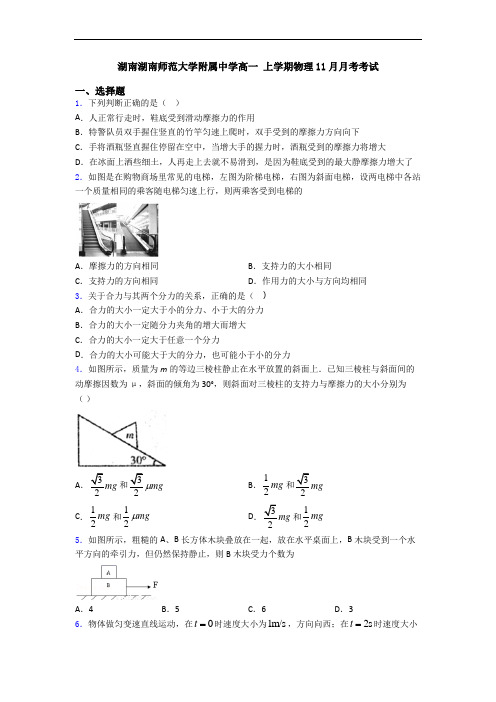 湖南湖南师范大学附属中学高一 上学期物理11月月考考试