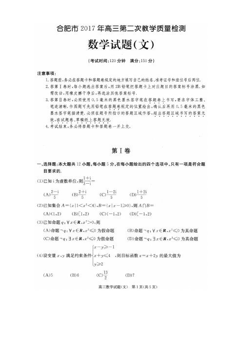 合肥市2017高三第二次教学质量检测数学试题(文)(含答案)