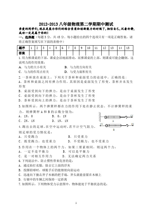2013-2014八年级物理第二学期期中测试